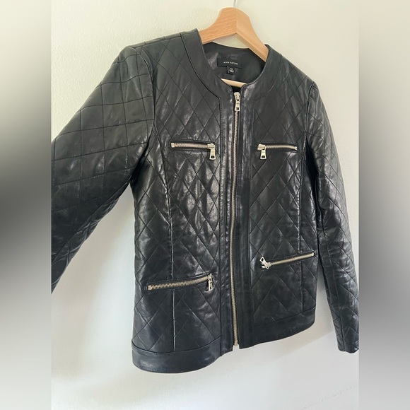 Ann Taylor Diamond Quilted Zipper Pocket Black Leather Jacket Size XS - Picture 4 of 10